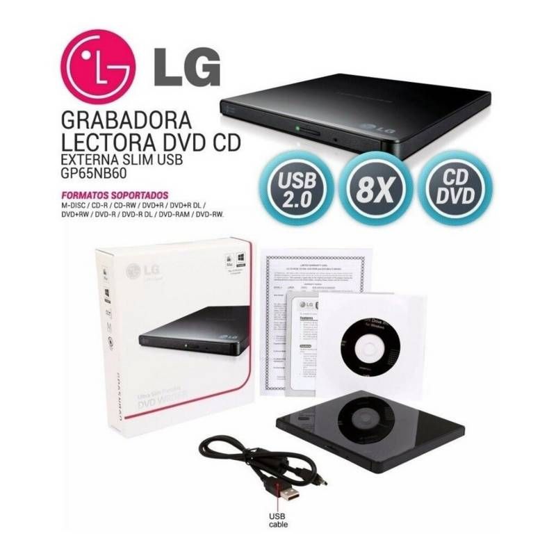 Lector grabador de CD/DVD externo LG, conexión USB, facil de transportar